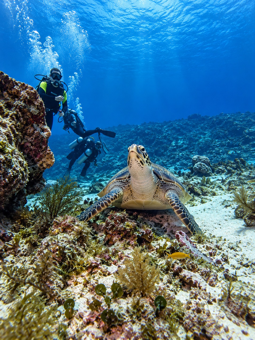 Tortuga marina junto a un arrecife y buzos